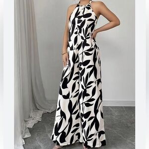 SHEIN Black & White Halter Wide-Leg Jumpsuit